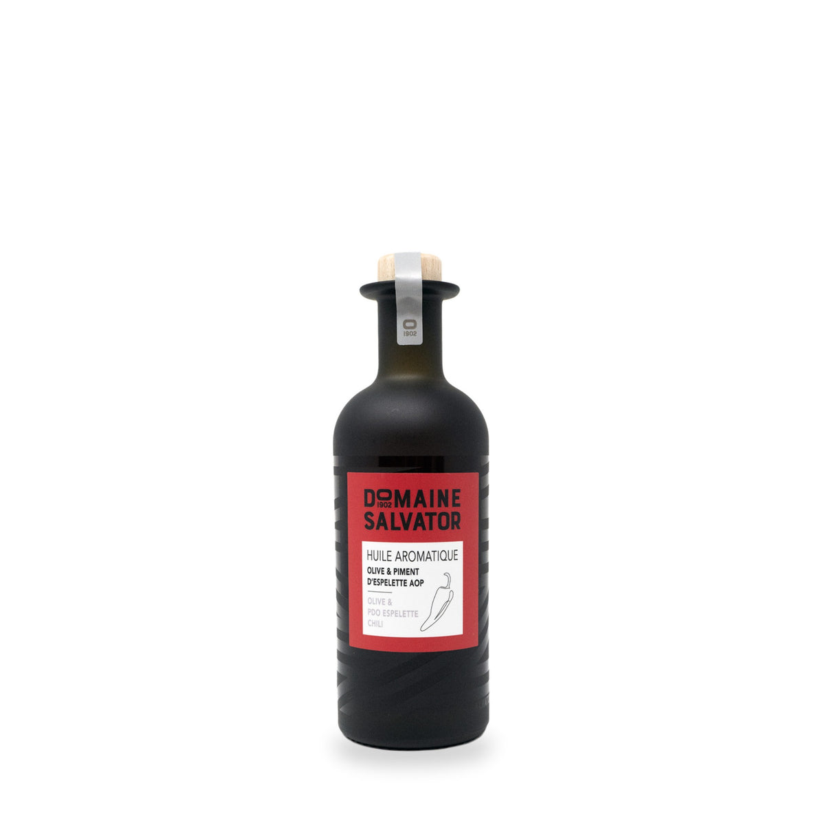 Huile aromatique au piment d’Espelette du Domaine Salvator, bouteille en verre de 250 ml