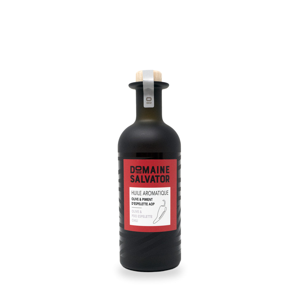 Huile aromatique au piment d’Espelette du Domaine Salvator, bouteille en verre de 250 ml