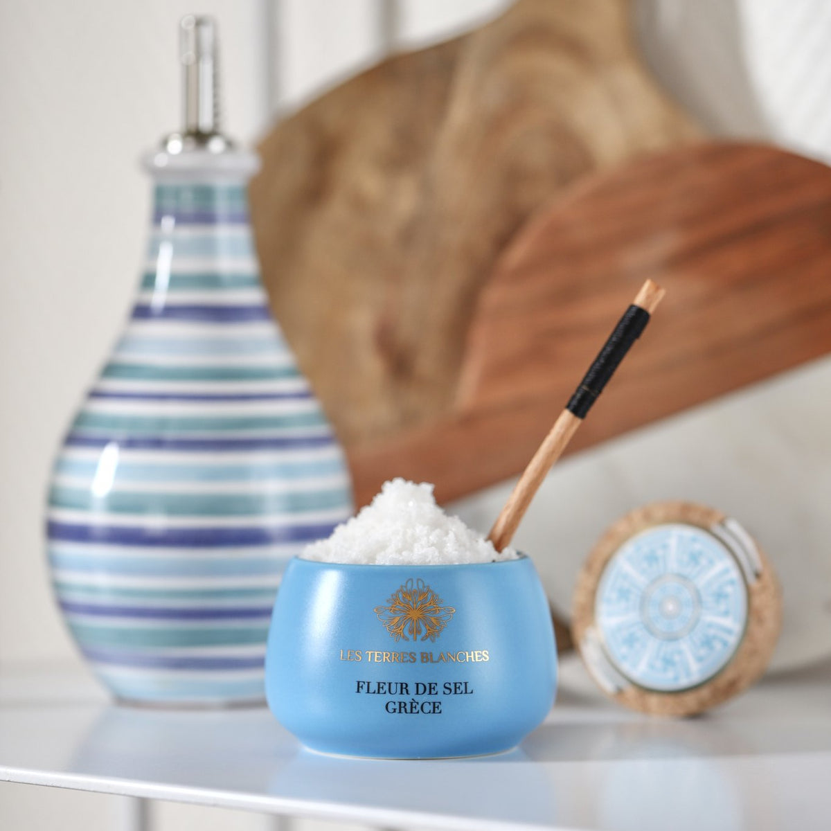 Les Terres Blanches fleur de sel from Greece in its blue jar