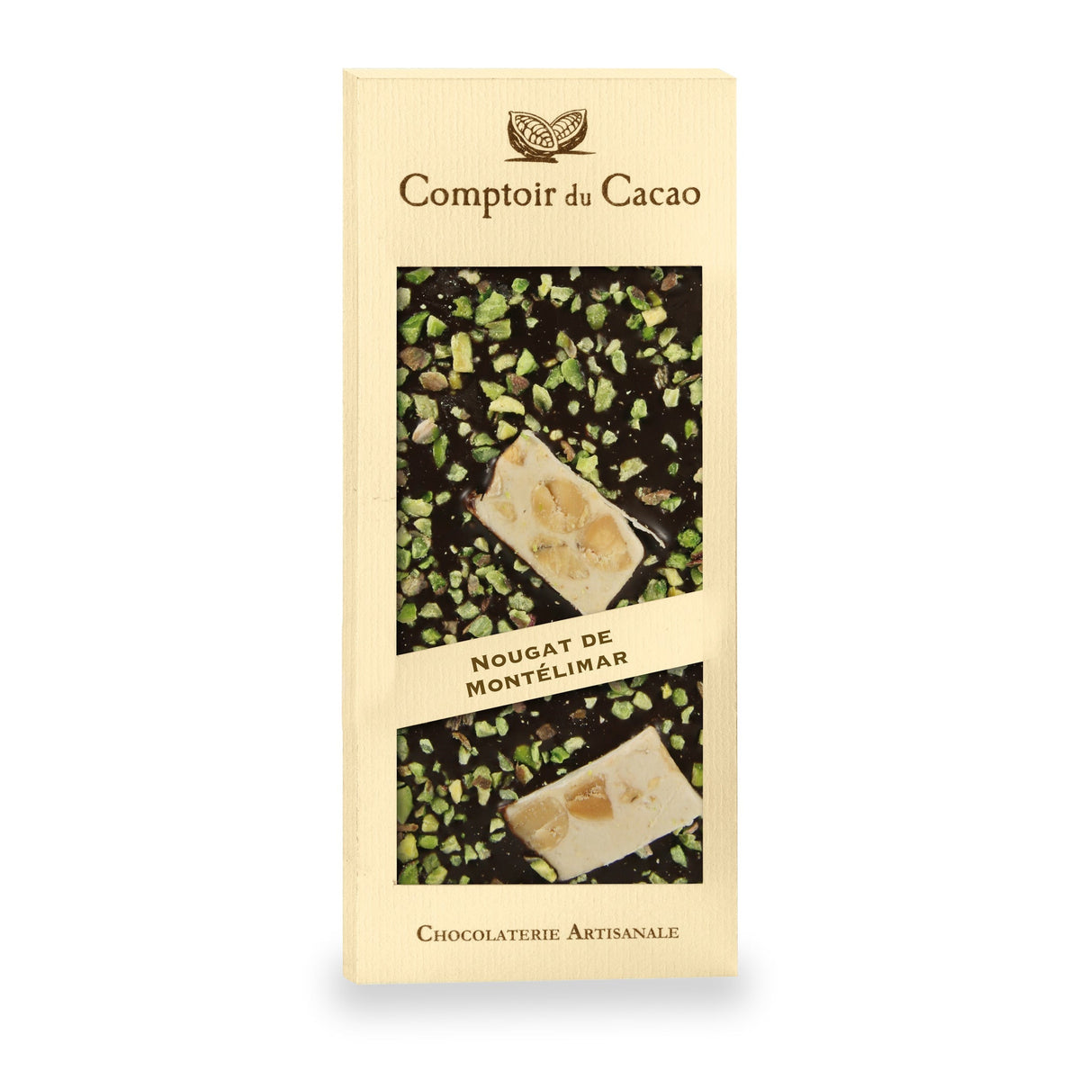 Tablette de chocolat noir au nougat et à la pistache du Comptoir du Cacao