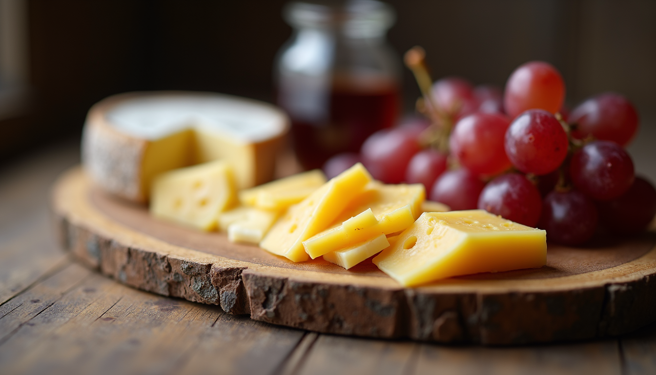 Rustic wooden board with French cheeses and grapes