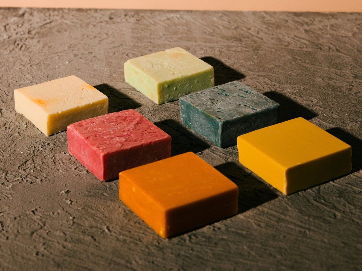 Six colorful bars of soap