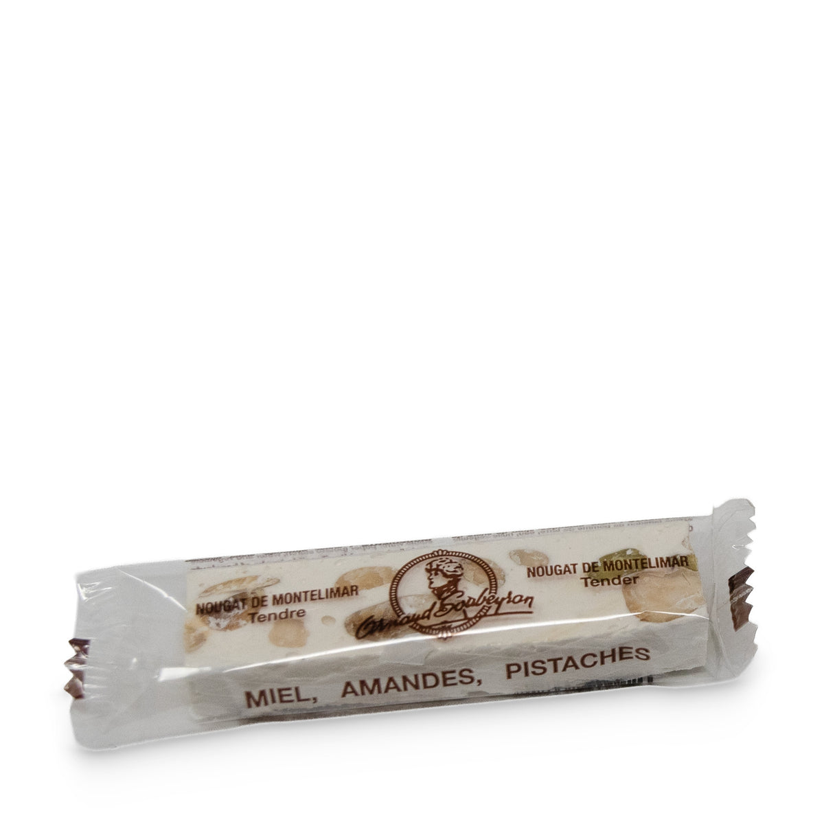 Barre de nougat tendre d’Arnaud Soubeyran emballée à l’unité, miel, amandes et pistaches
