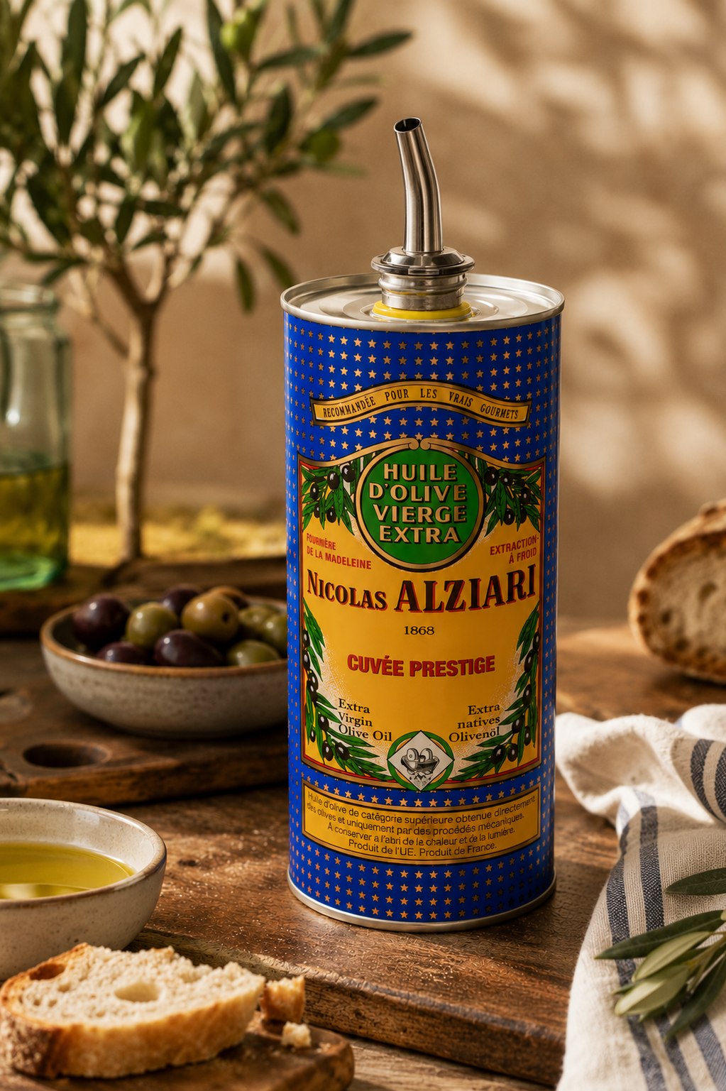 Bidon de 1 L Nicolas Alziari, cuvée Prestige, avec un bec verseur, du pain et des olives