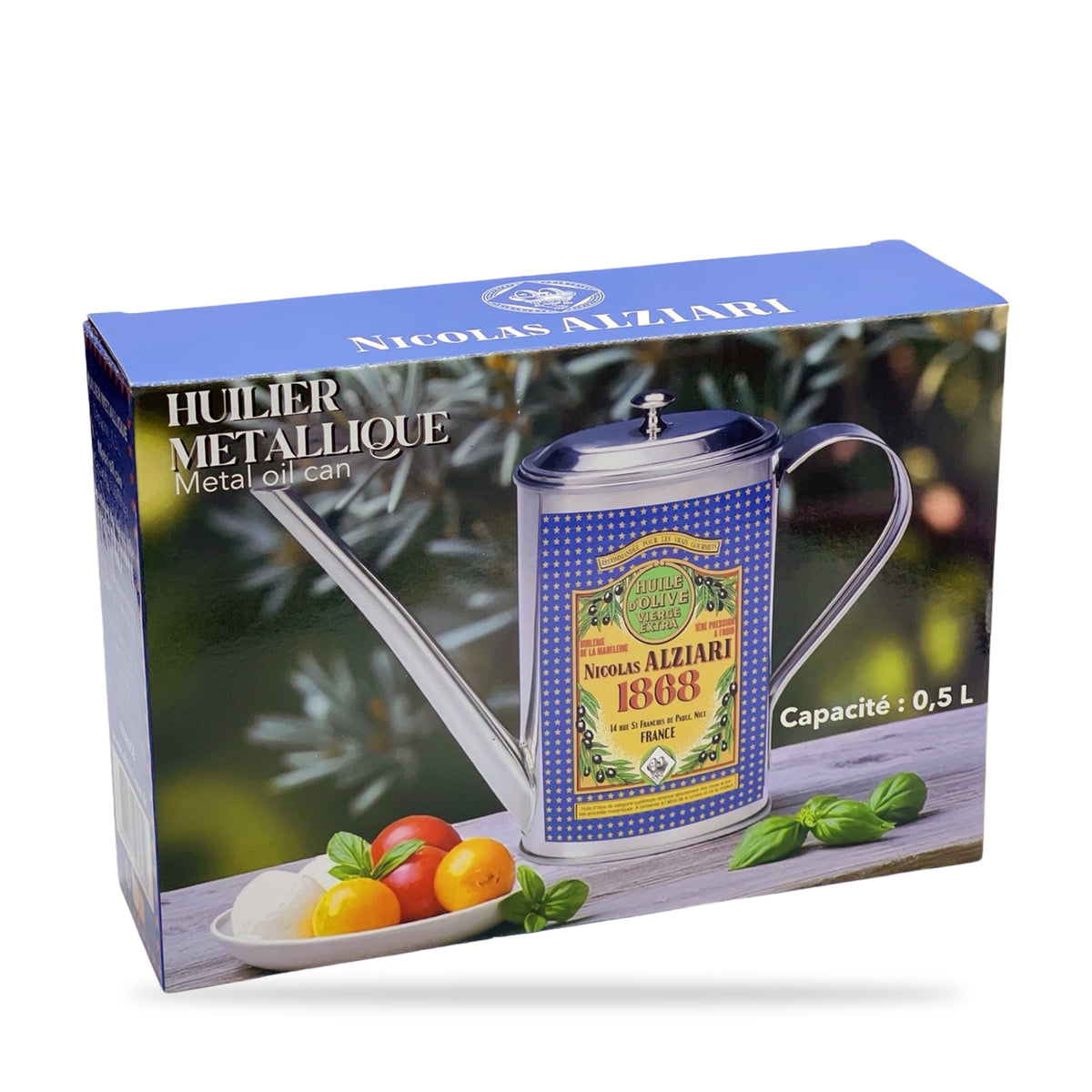 Huilier en métal Nicolas Alziari dans son coffret cadeau