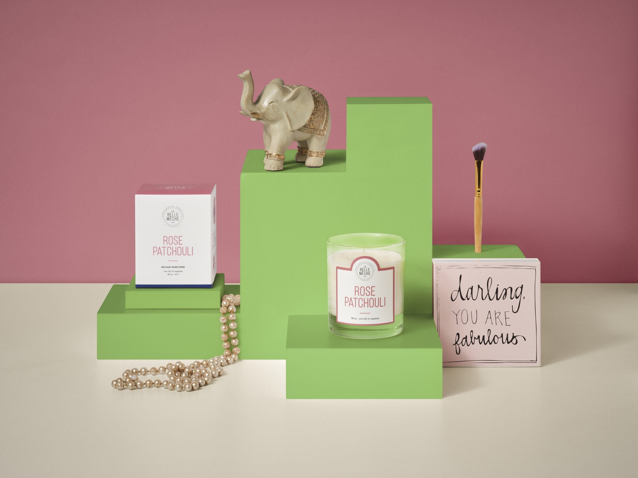 La Belle Mèche Rose Patchouli scented candle and its box