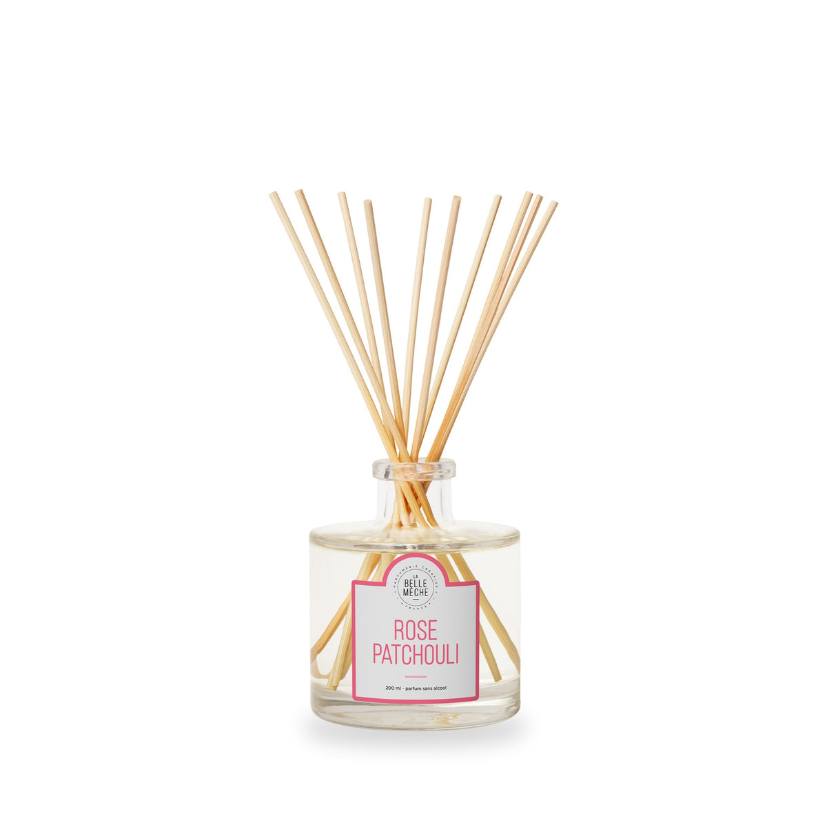 Diffuseur à bâtonnets Rose Patchouli de La Belle Mèche, pot en verre de 200 ml