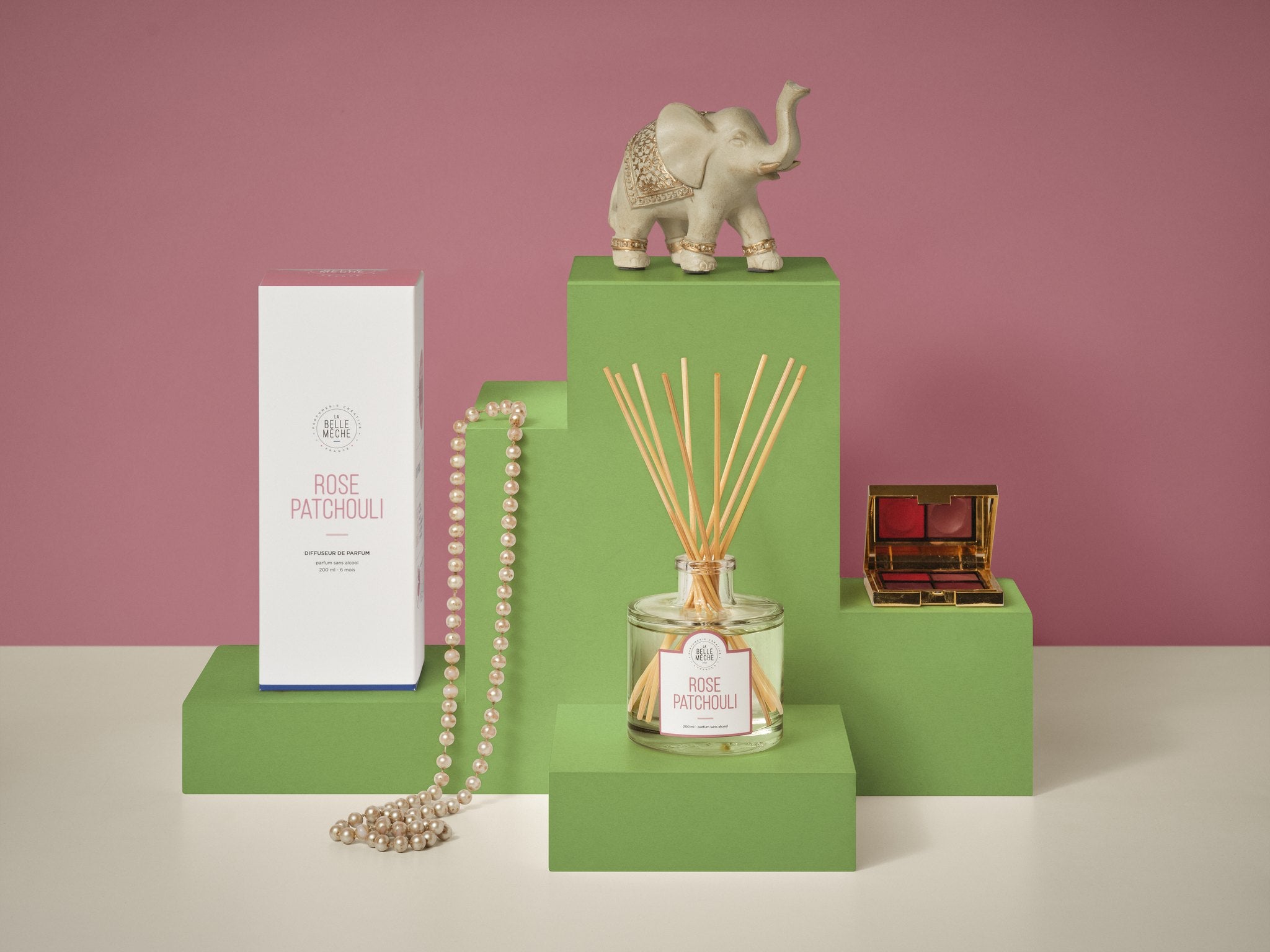 La Belle Mèche Rose Patchouli reed diffuser with pearls