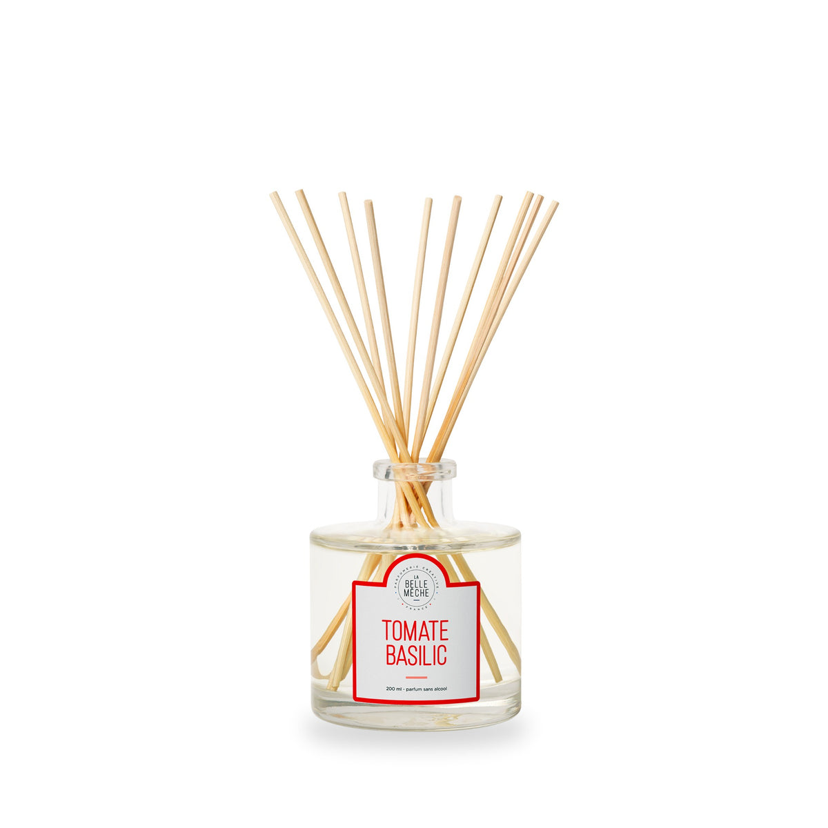 Diffuseur à bâtonnets Tomate Basilic de La Belle Mèche, pot en verre de 200 ml