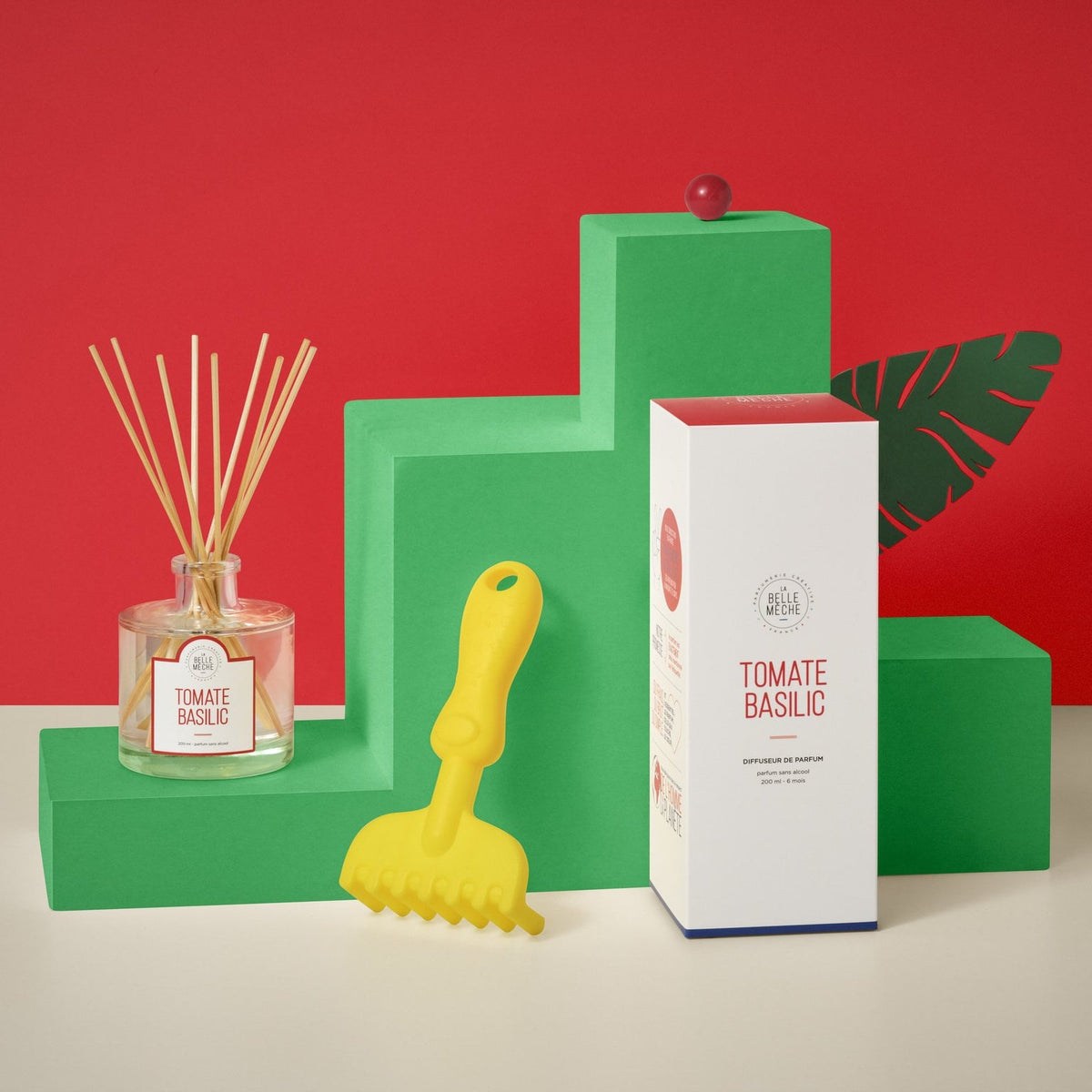 Diffuseur à bâtonnets Tomate Basilic de La Belle Mèche sur des cubes rouges et verts