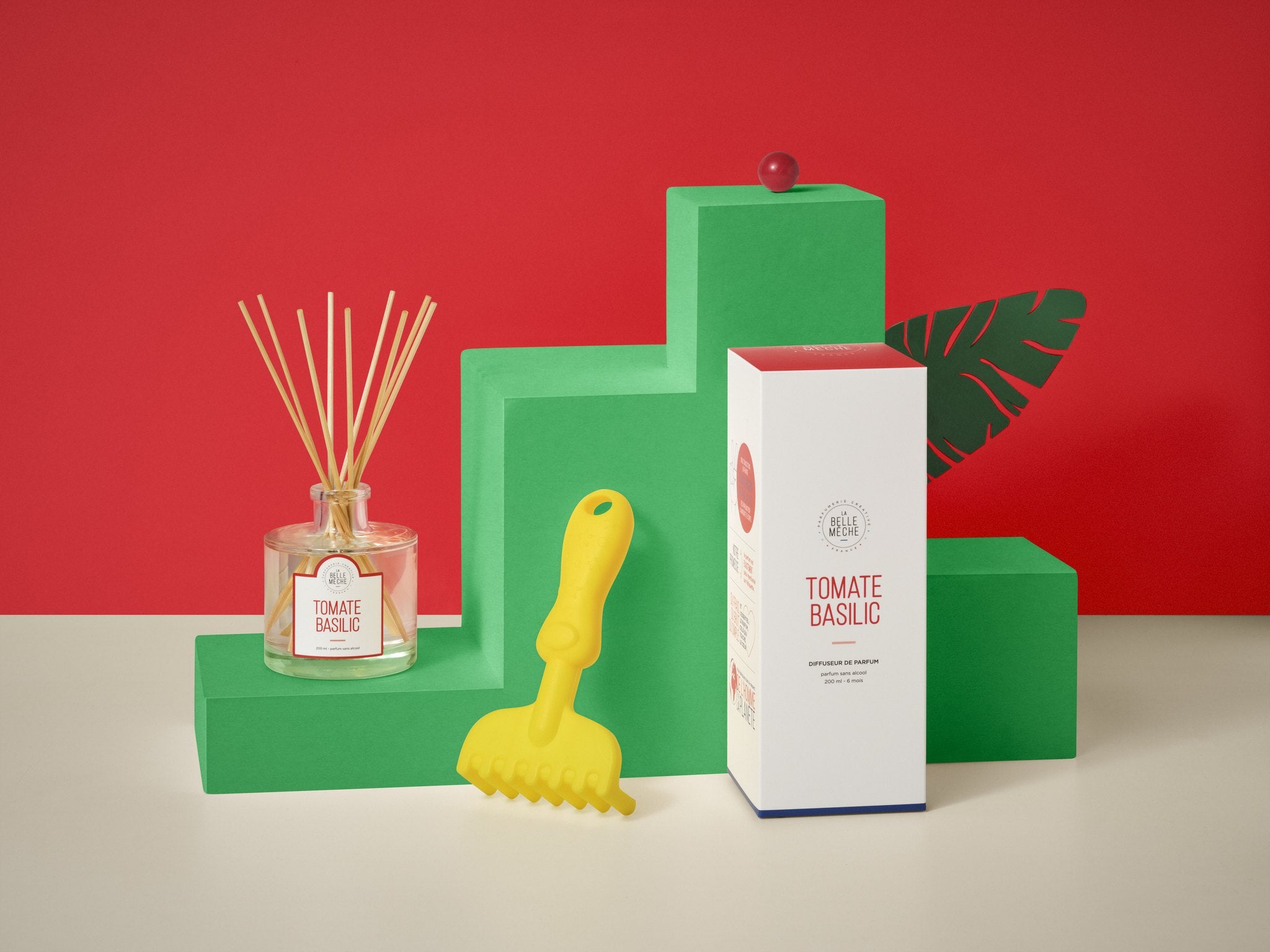 La Belle Mèche Tomato Basil reed diffuser on red and green blocks