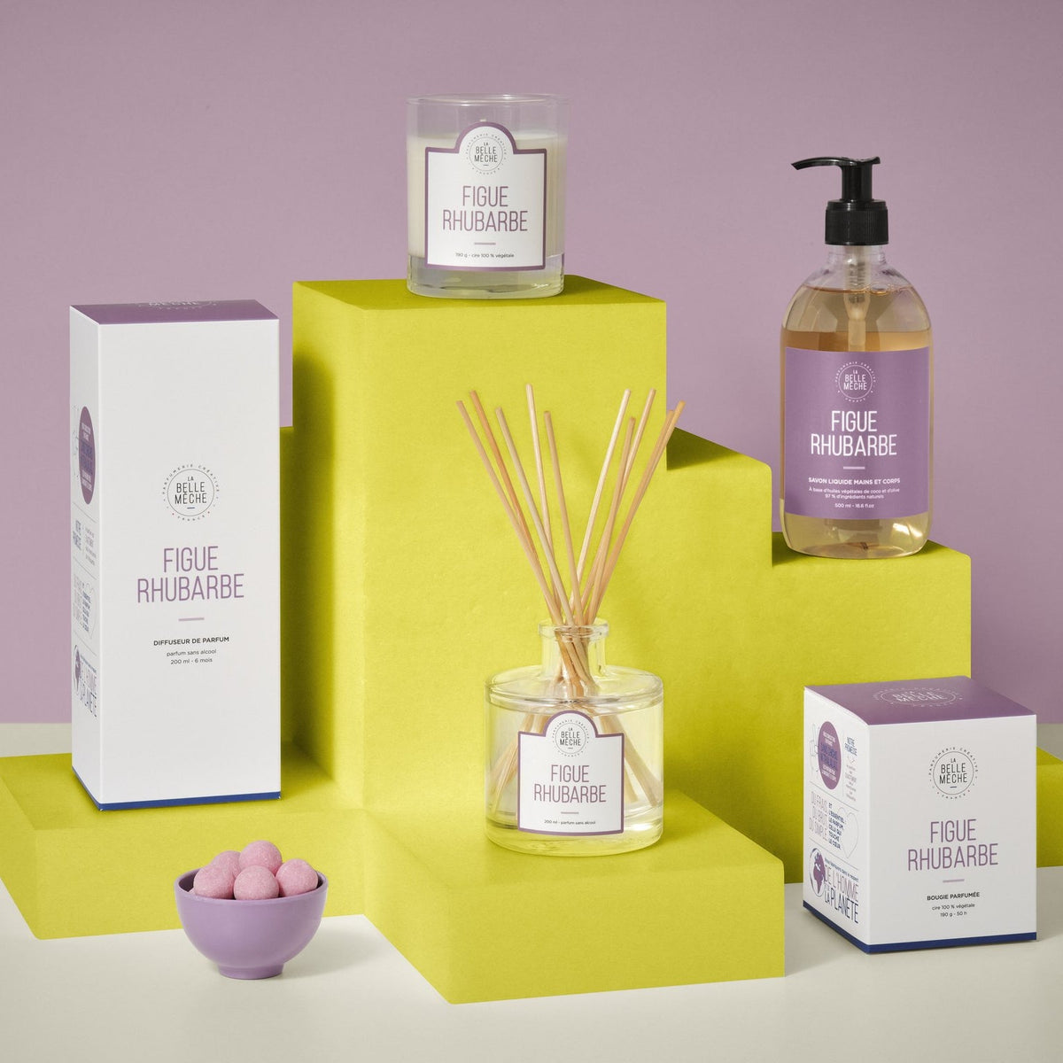 Diffuseur à bâtonnets, bougie et savon liquide Figue Rhubarbe de La Belle Mèche