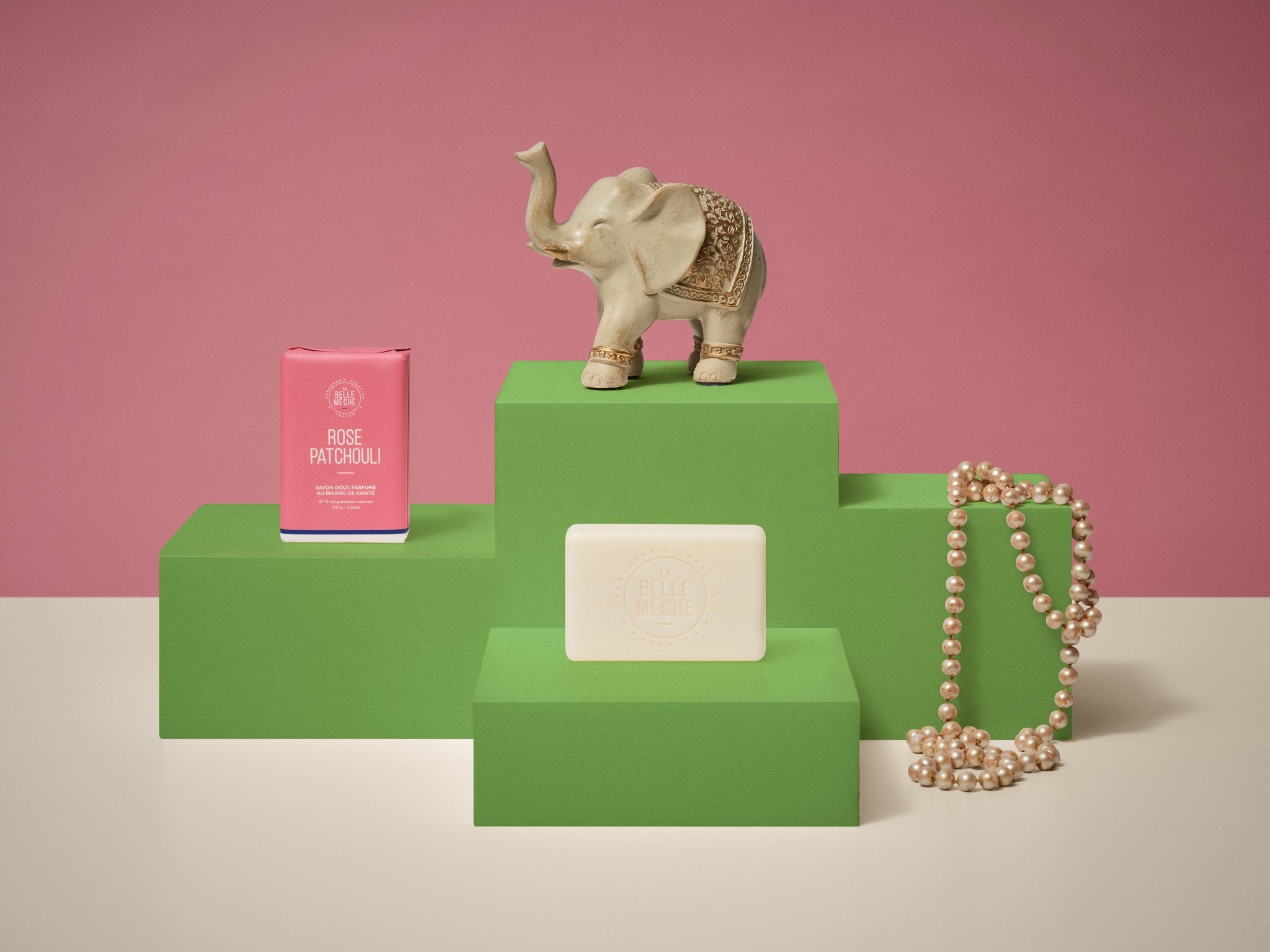 La Belle Mèche Rose Patchouli soap bar with an elephant figurine
