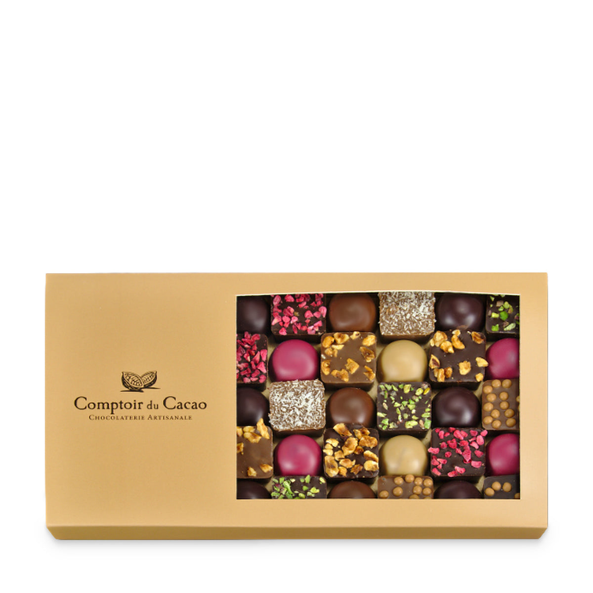 Assortiment de dômes et pralinés feuilletés de Comptoir du Cacao, étui coulissant à fenêtre