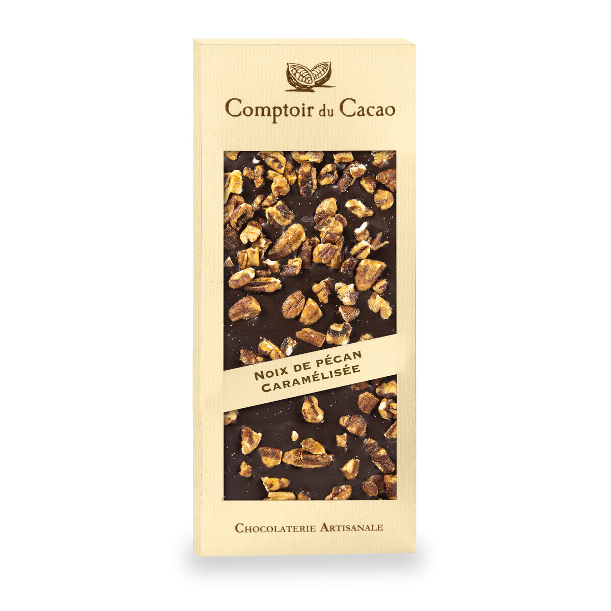 Tablette de chocolat aux noix de pécan caramélisées de Comptoir du Cacao, 90 g