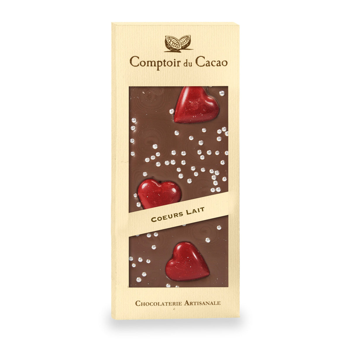 Tablette de chocolat au lait aux cœurs rouges du Comptoir du Cacao, 90 g
