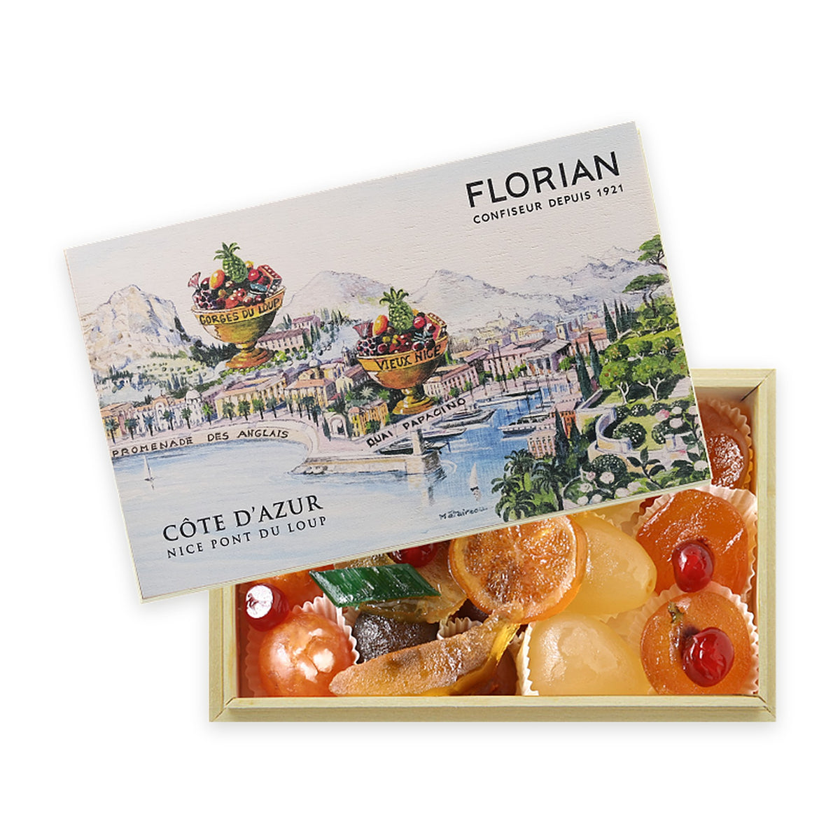 Fruits confits assortis de la Confiserie Florian, coffret en bois de 750 g