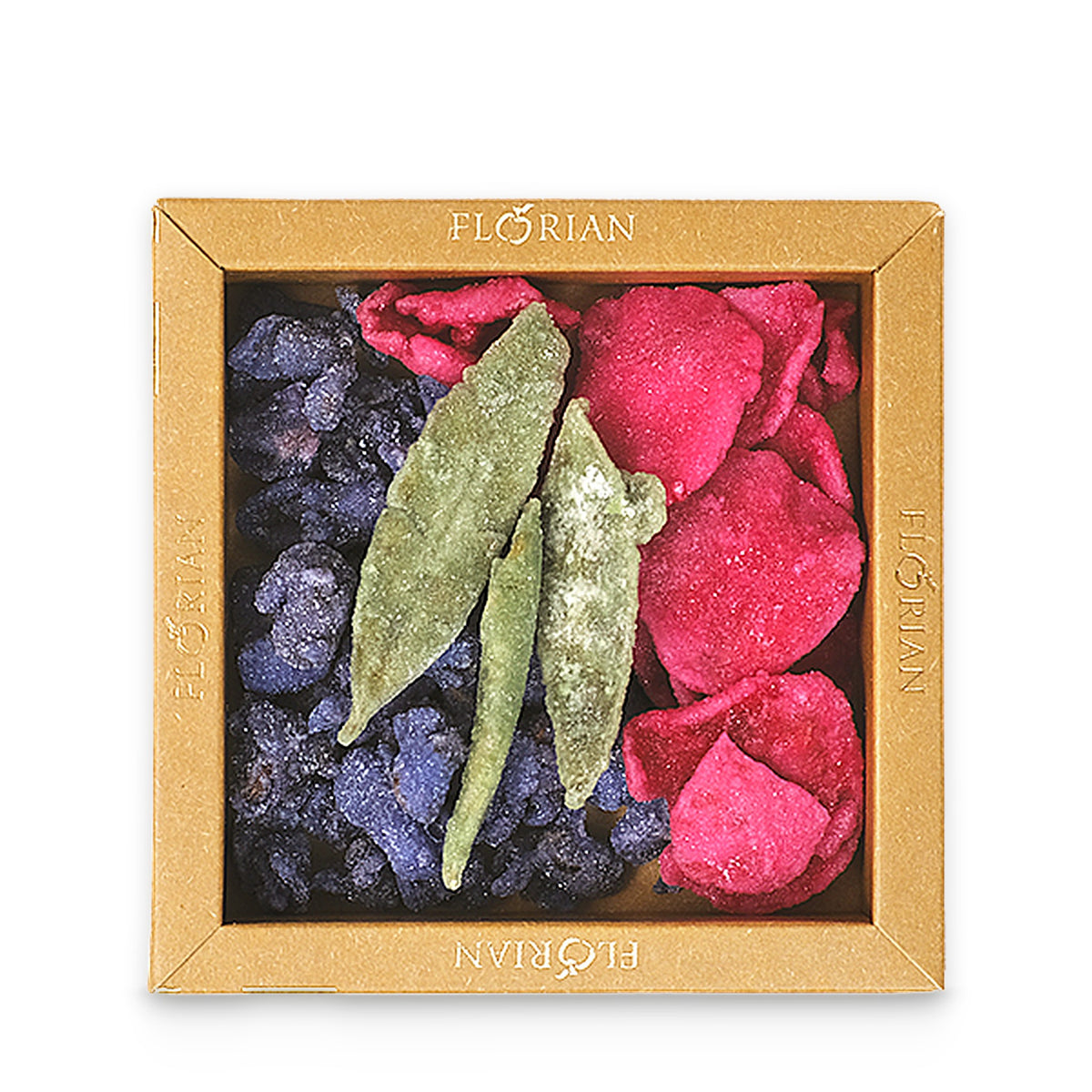 Assortiment de fleurs cristallisées de la Confiserie Florian, rose, violette et verveine, boîte de 80 g