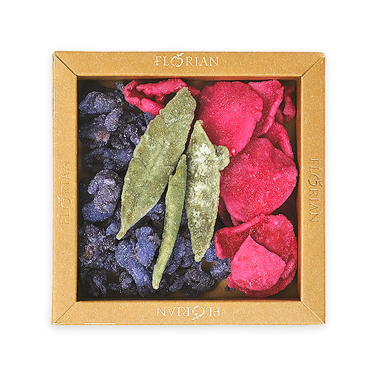 Assortiment de fleurs cristallisées de la Confiserie Florian, rose, violette et verveine, boîte de 80 g