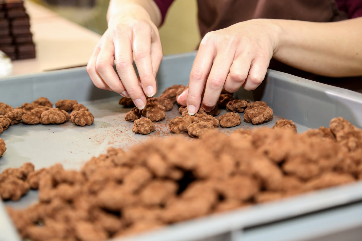 Tri à la main des noix enrobées de chocolat dans l’atelier du Domaine de Béquignol