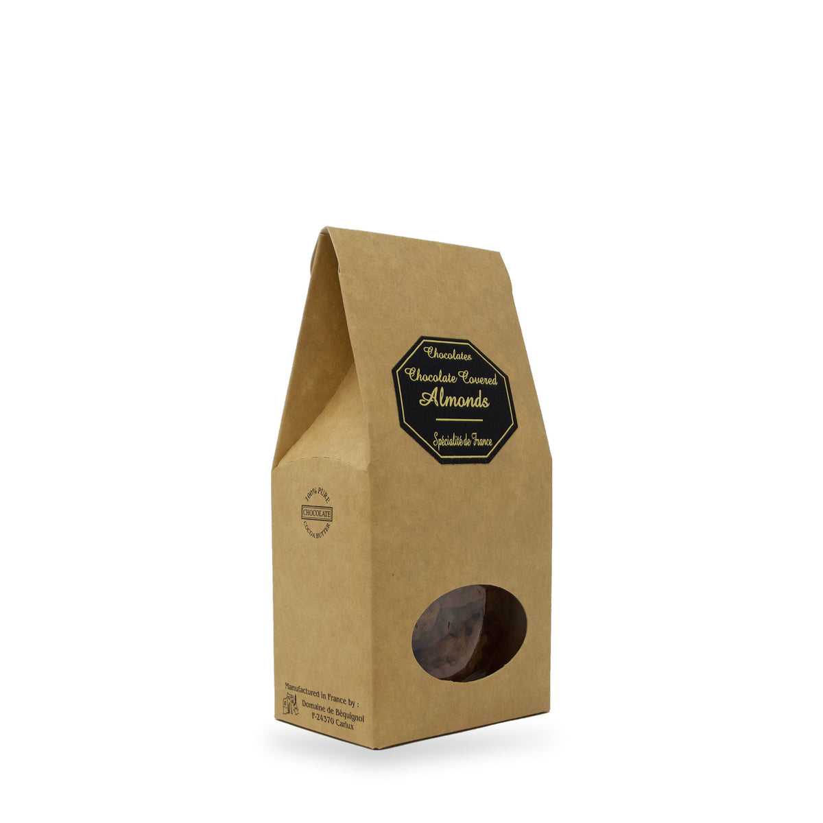 Amandes grillées enrobées de chocolat du Domaine de Béquignol, boîte kraft de 100 g