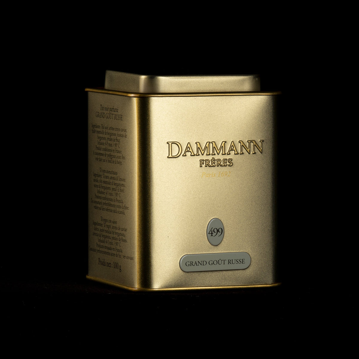 Dammann Frères Grand Goût Russe canister on a black background
