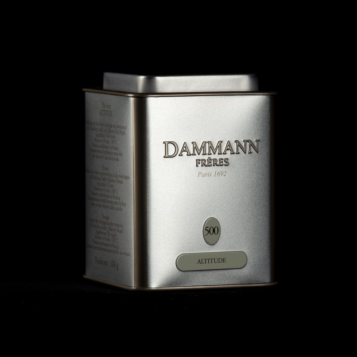 Dammann Frères Altitude N°500 canister on a black background