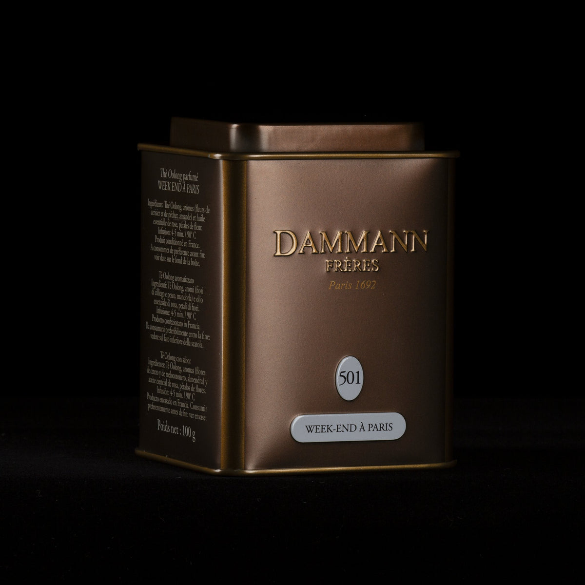 Dammann Frères Week-End à Paris canister on a black background