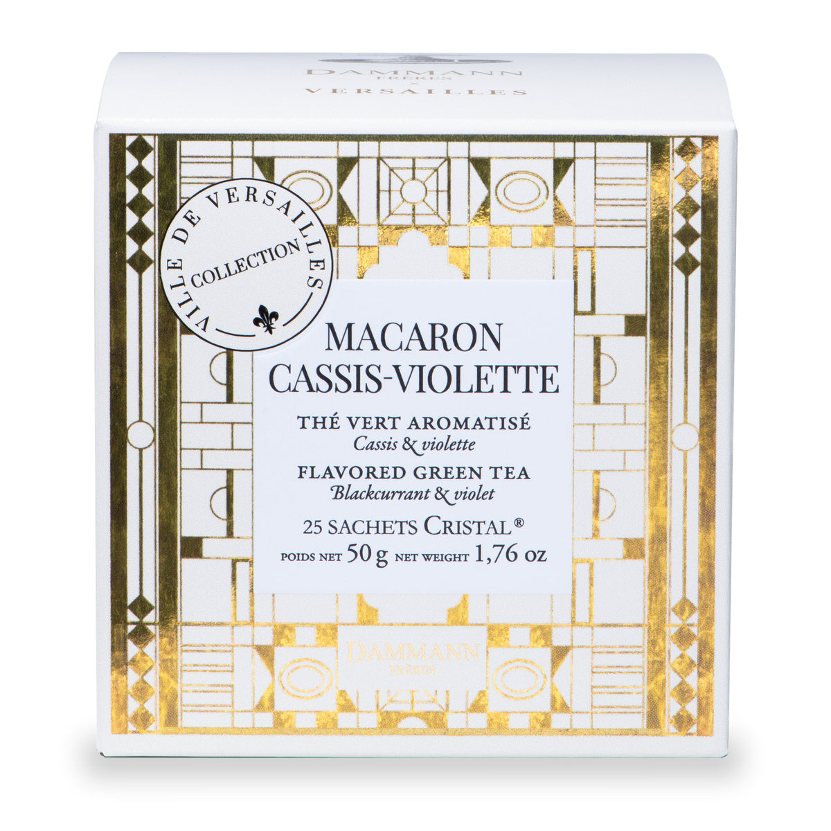 Macaron Cassis Violette Tea Bags by Dammann Frères, box of 25 sachets (50 g)