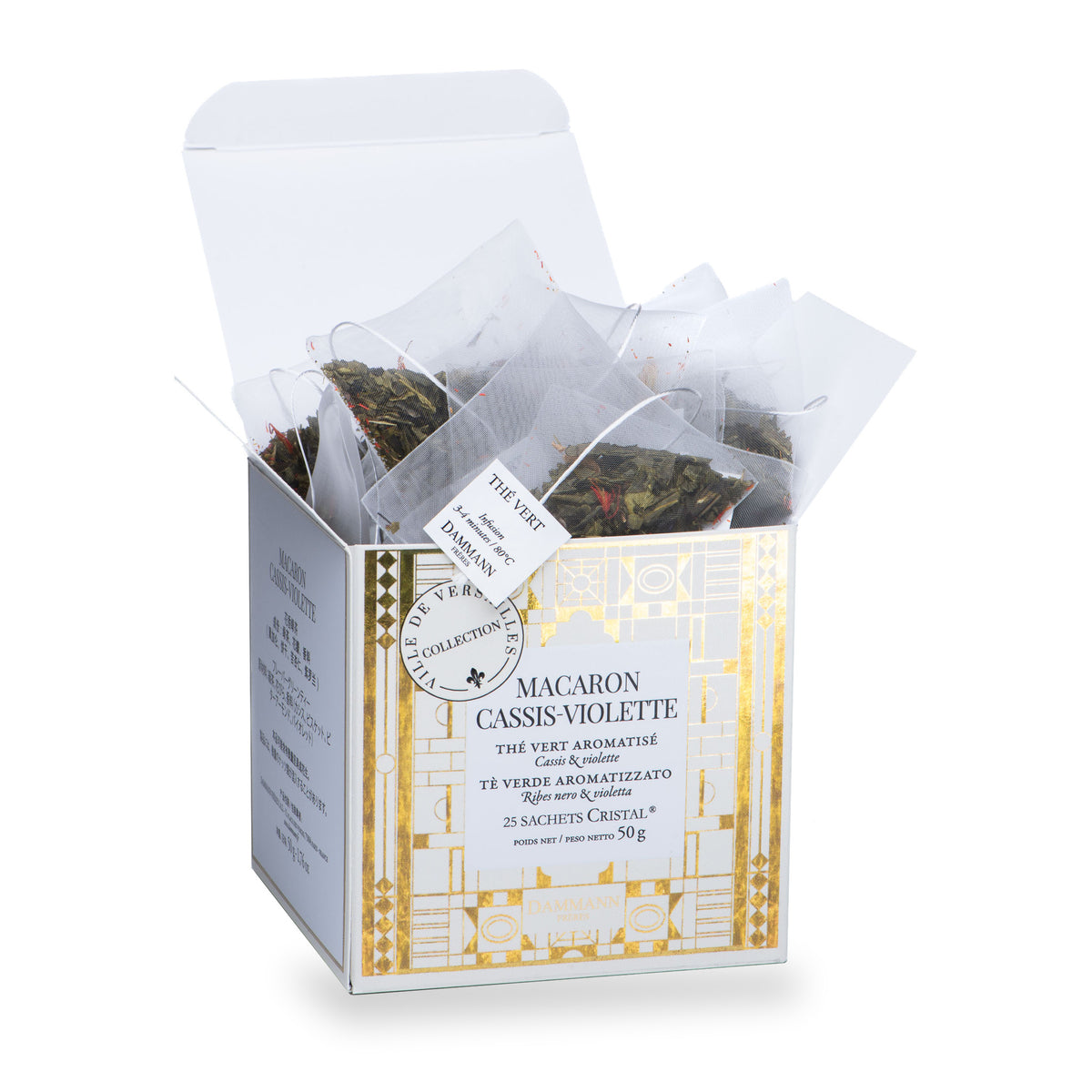Macaron Cassis Violette Tea Bags by Dammann Frères, box of 25 sachets (50 g), second view