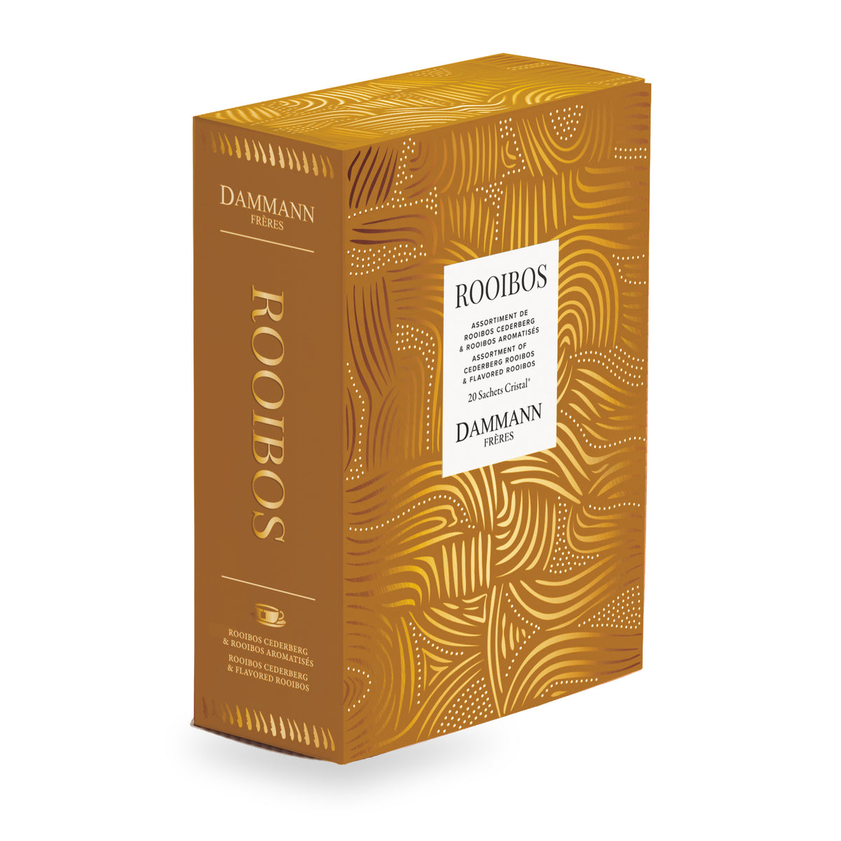 Rooibos Gift Box by Dammann Frères, closed copper and gold box of 20 Cristal tea bags