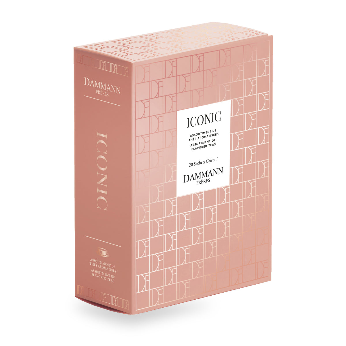 Iconic Gift Box by Dammann Frères, closed pink box of 20 Cristal tea bags