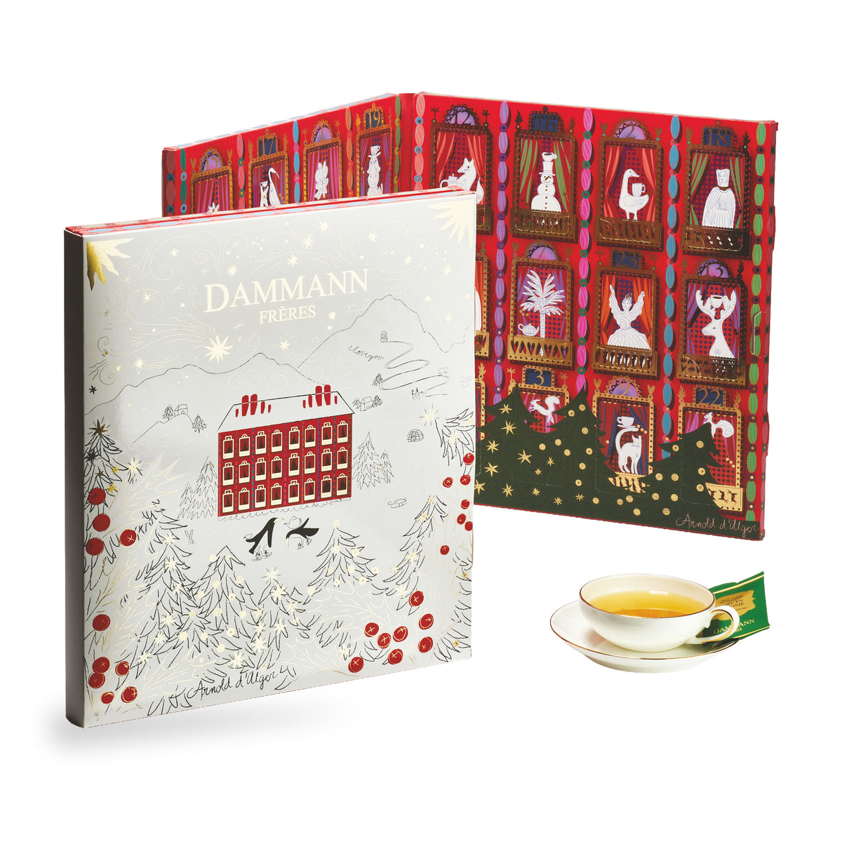 Advent Calendar 2026 by Dammann Frères, shown closed and open with a cup of tea