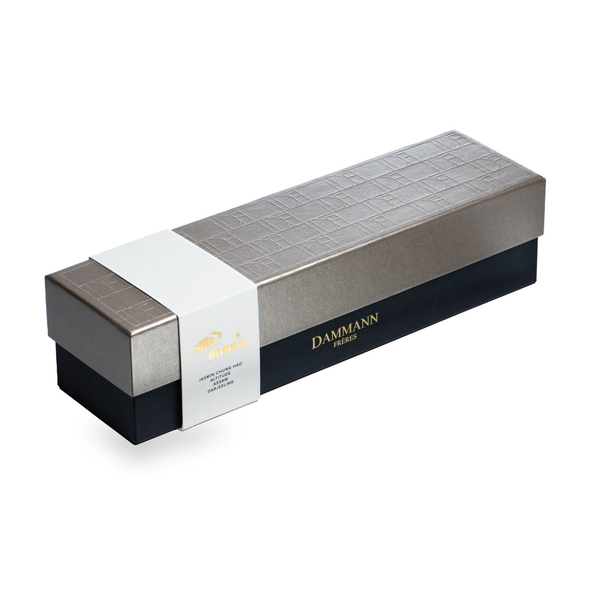 Coffret Jardin de Thé de Dammann Frères, coffret gris argenté fermé avec son fourreau blanc