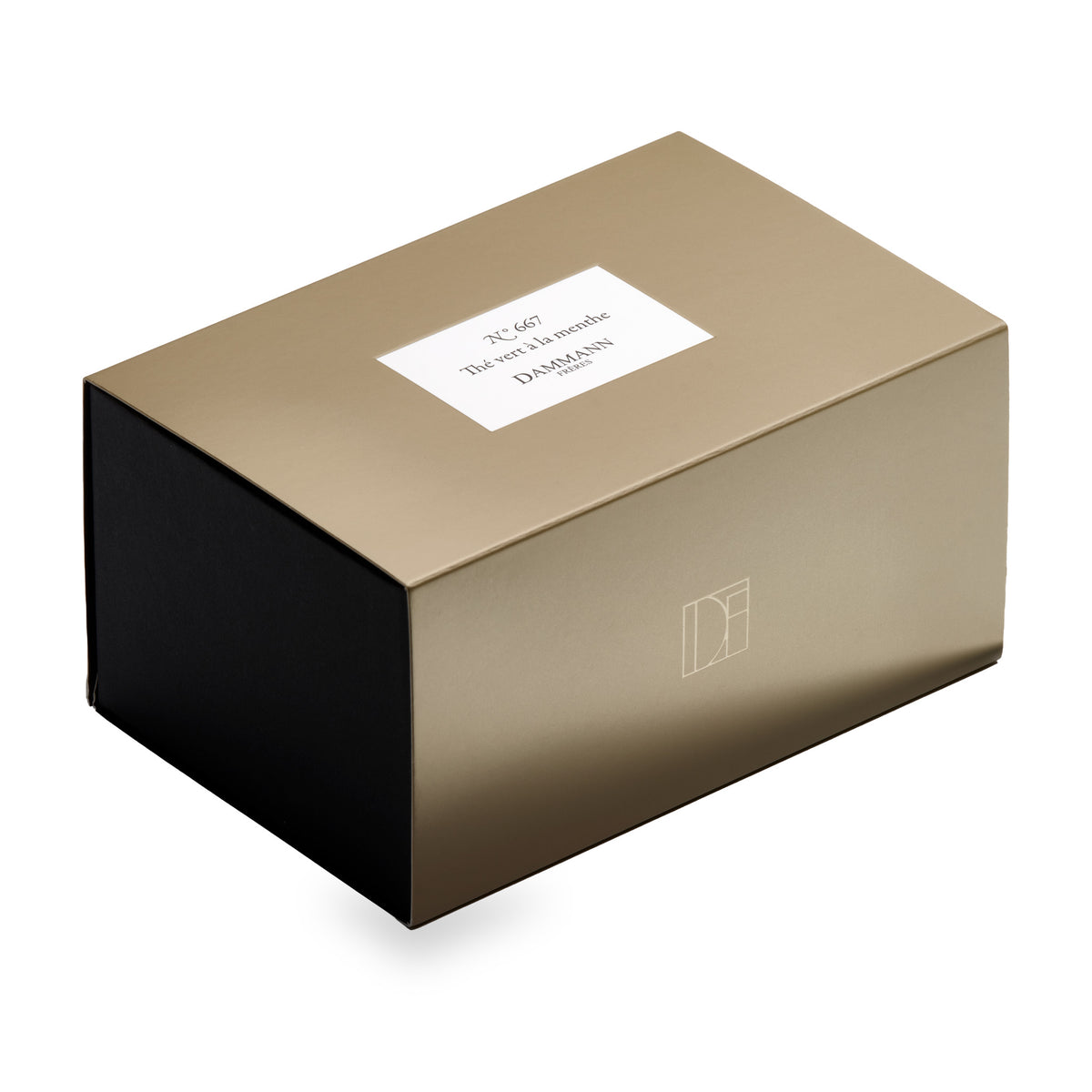 N°667 Thé vert à la menthe gift box by Dammann Frères, closed khaki drawer box