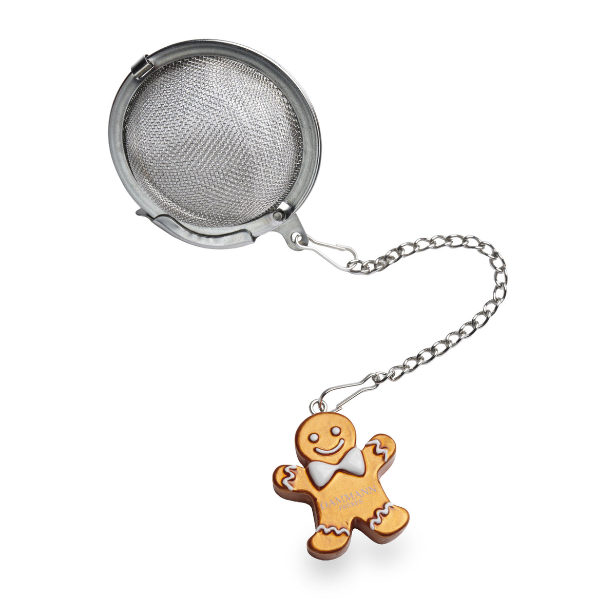 Boule à thé pain d’épice de Dammann Frères, boule en maille inox et breloque bonhomme en pain d’épice