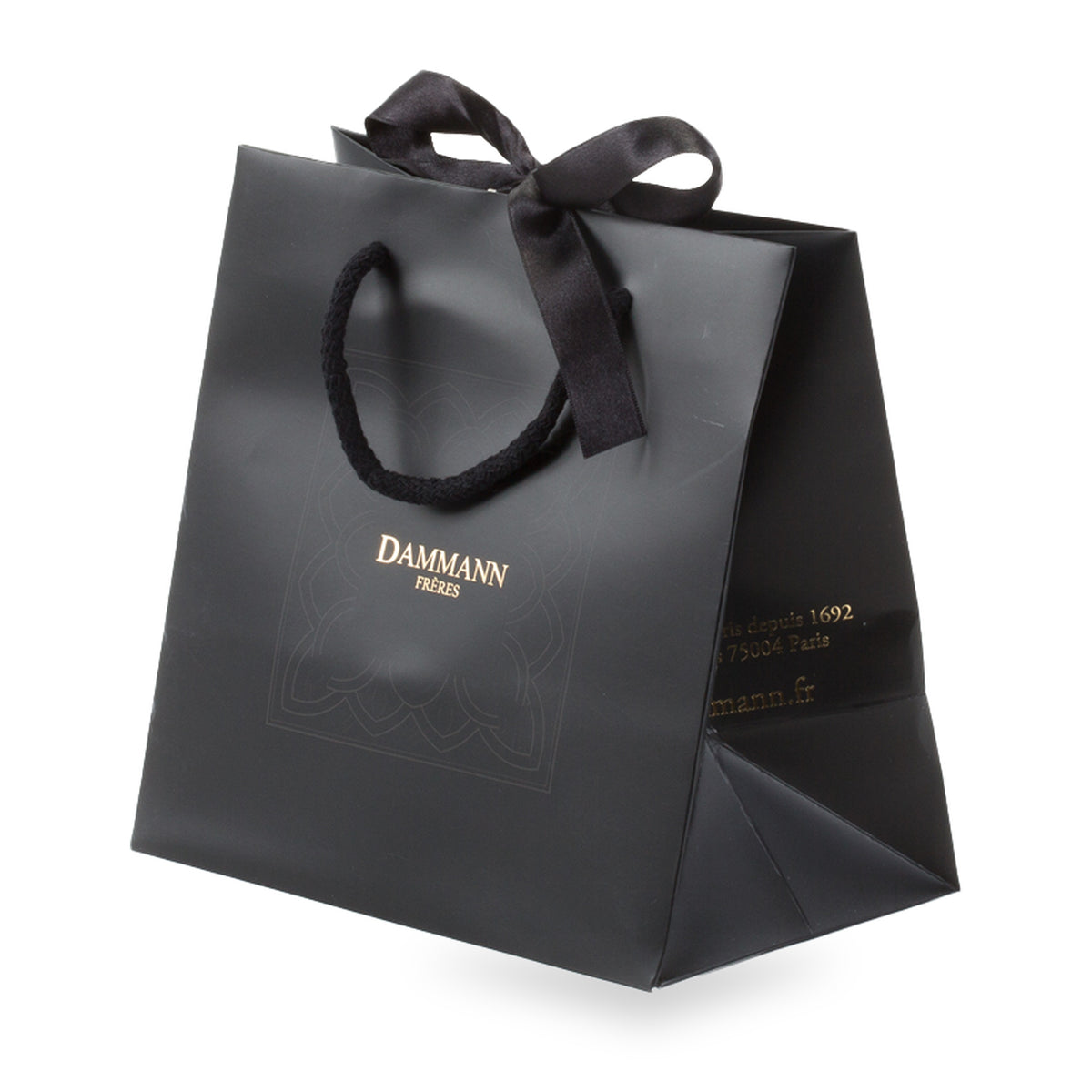 Petit sac cadeau noir Dammann Frères, poignées cordelette et ruban