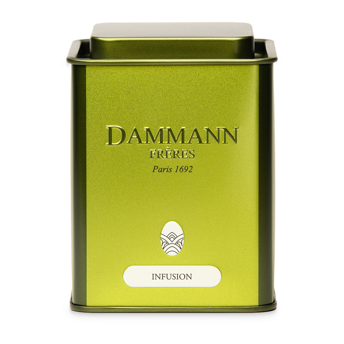 Green Empty Canister by Dammann Frères, small 100g Infusion canister