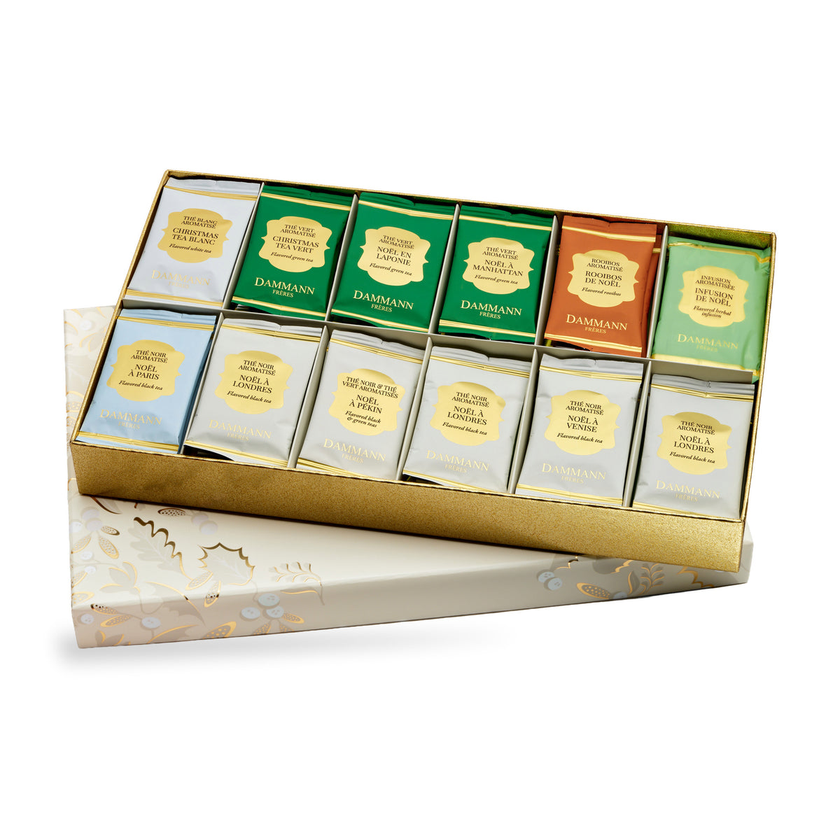 Rêves de Noël de Dammann Frères, coffret ouvert de sachets de thé assortis
