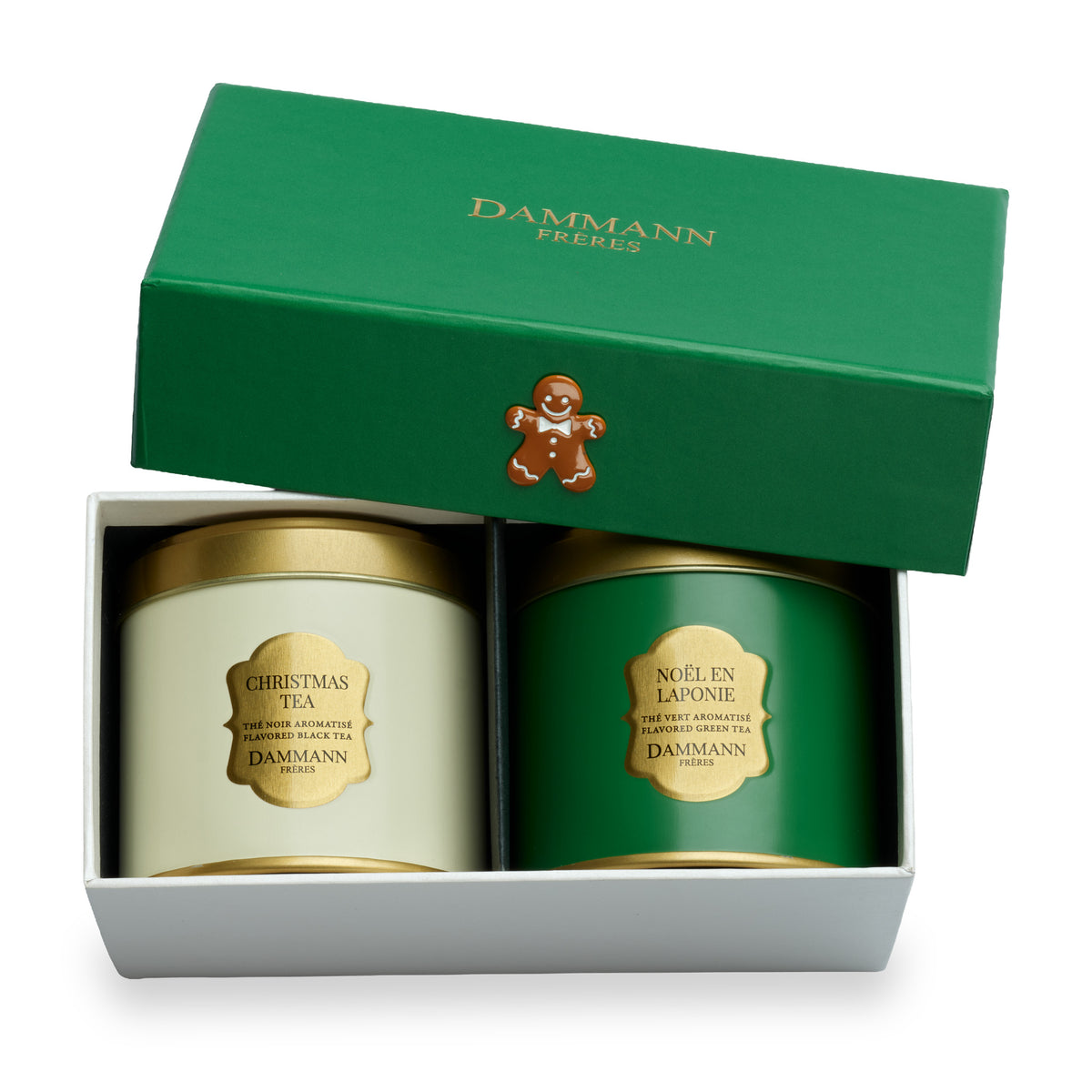Coffret Let It Snow de Dammann Frères ouvert, boîtes Christmas Tea et Noël en Laponie