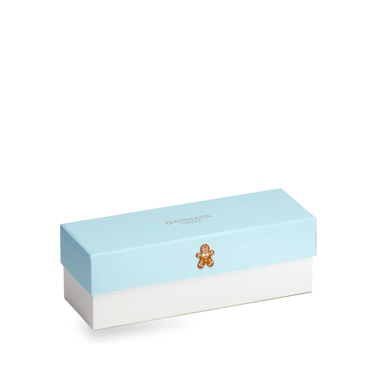 Noël Givré gift set by Dammann Frères, closed pale blue box with a gingerbread man medallion
