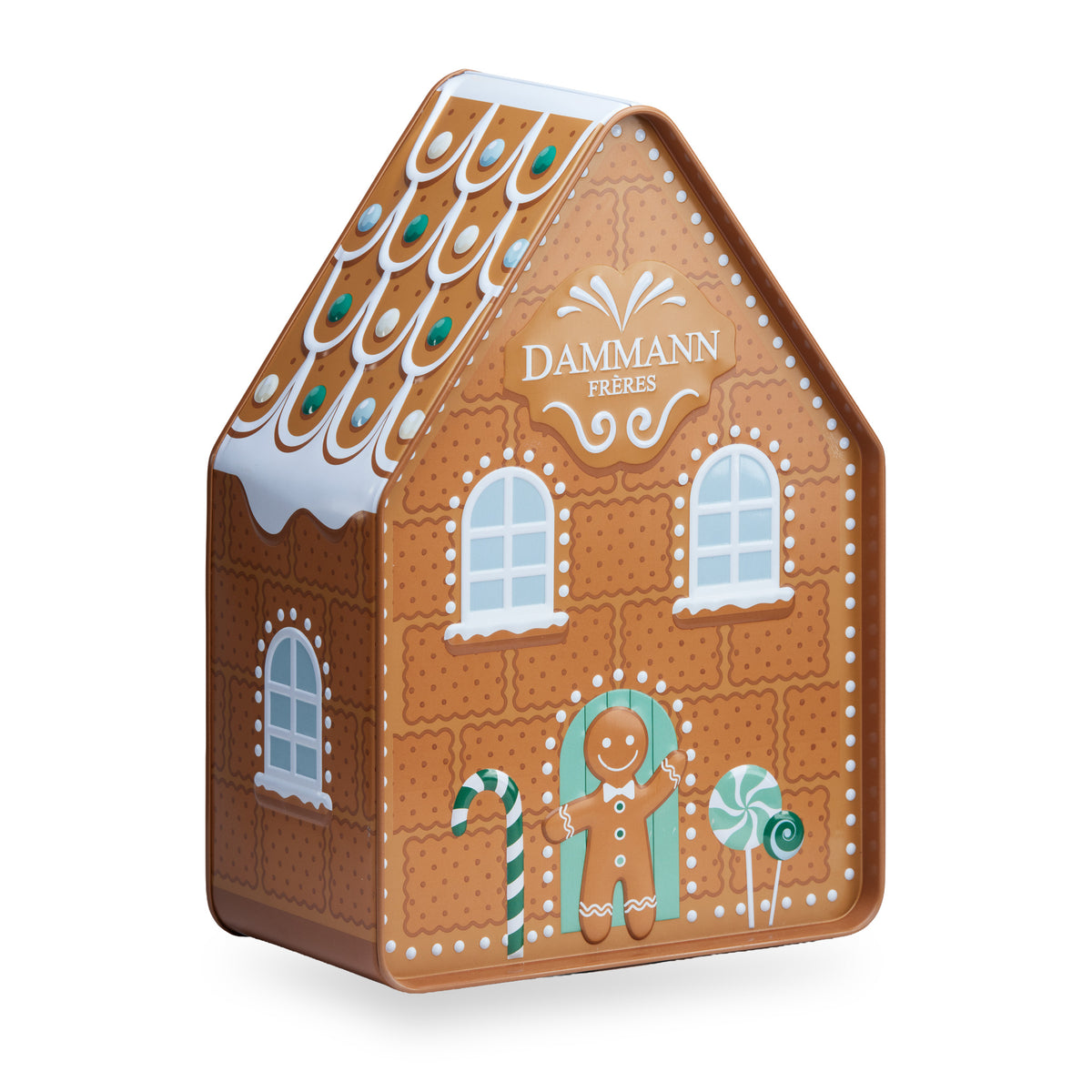 Candy Christmas de Dammann Frères, boîte métal en forme de maison en pain d’épice
