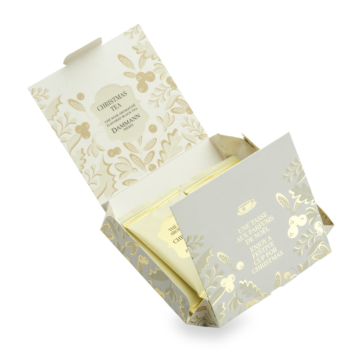 Christmas Tea by Dammann Frères, open box of individually enveloped sachets