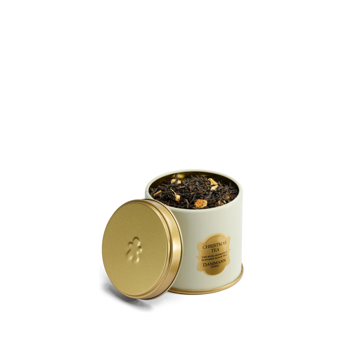 Christmas Tea by Dammann Frères, open tin showing the loose-leaf tea