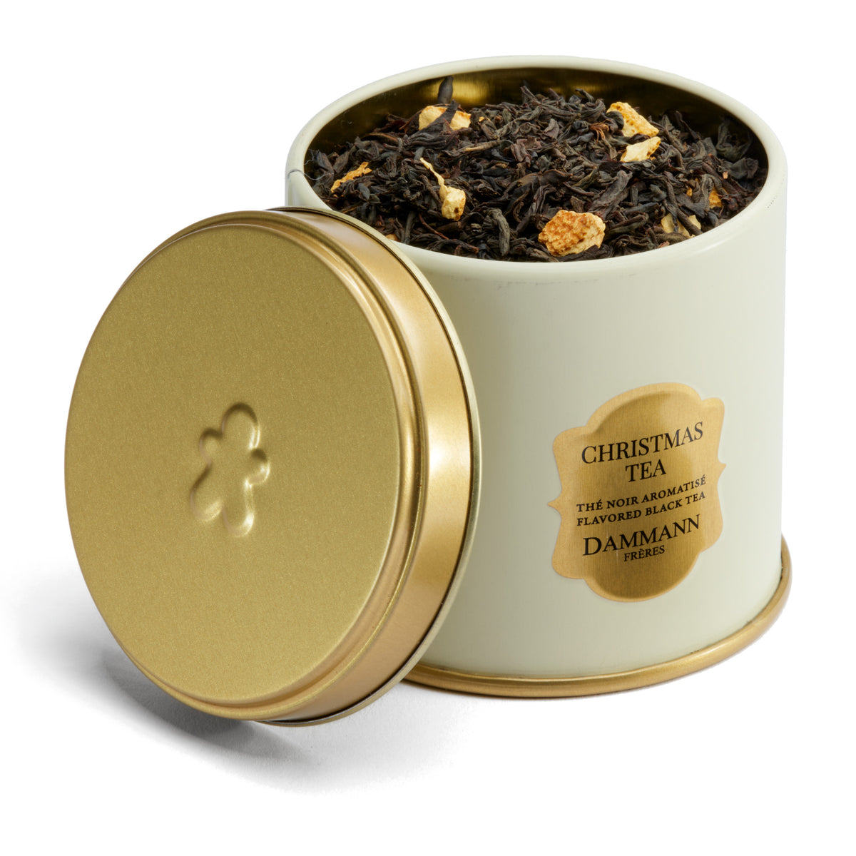 Christmas Tea by Dammann Frères, open tin showing the loose-leaf tea