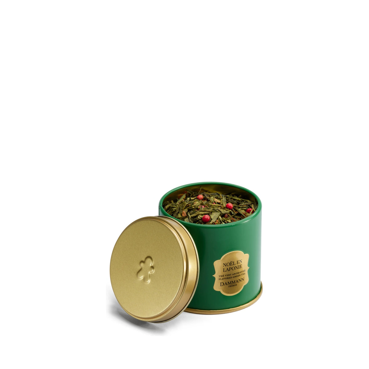Noël en Laponie by Dammann Frères, open tin showing the loose-leaf green tea