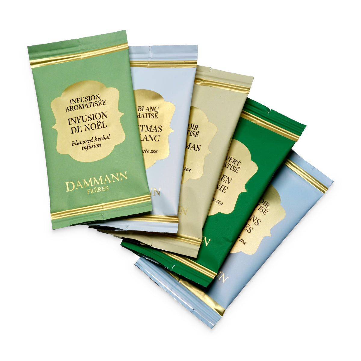 Assortiment de Noël 2026 de Dammann Frères, un sachet suremballé de chacun des cinq mélanges