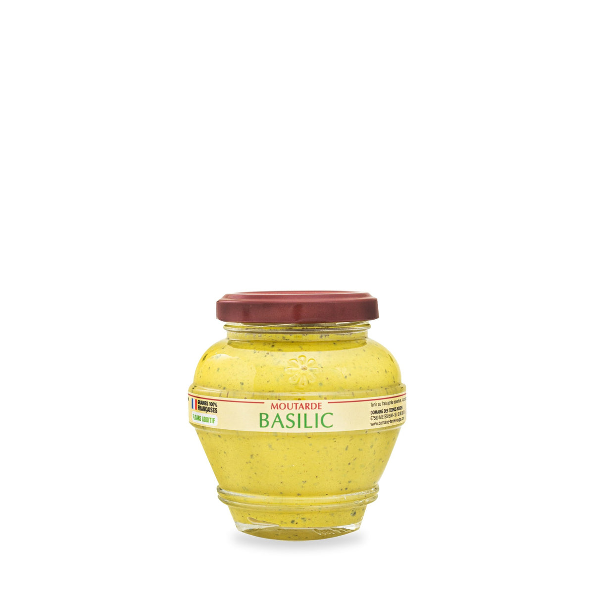 Moutarde au basilic du Domaine des Terres Rouges, pot en verre de 200 g