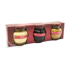 Coffret Trio Découverte du Domaine des Terres Rouges, moutardes aux noix, violette au moût de raisin et aux cèpes en pots en verre de 55 g