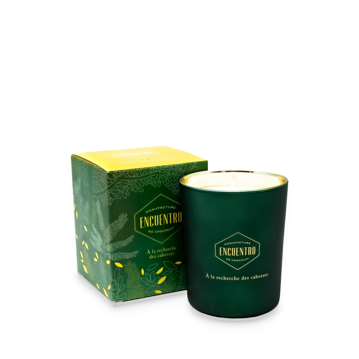 Bougie artisanale Encuentro en pot de verre vert, avec sa boîte cadeau